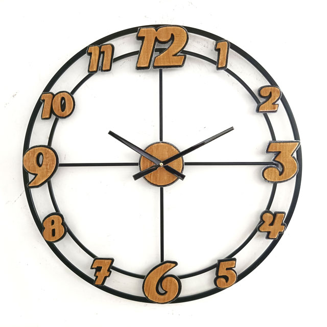 Metal Black Circle And Wood Numbers Combined Clock 